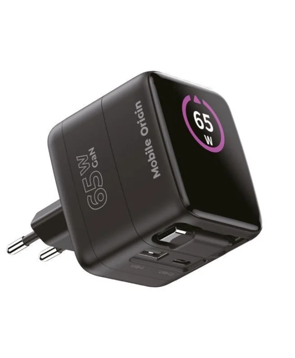 Mobile Origin Φορτιστής Χωρίς Καλώδιο GaN με Θύρα USB-A και Θύρα USB-C 65W Quick Charge 2.0 / Quick Charge 3.0 Μαύρος (PW3) MO-65WDCH-PW3