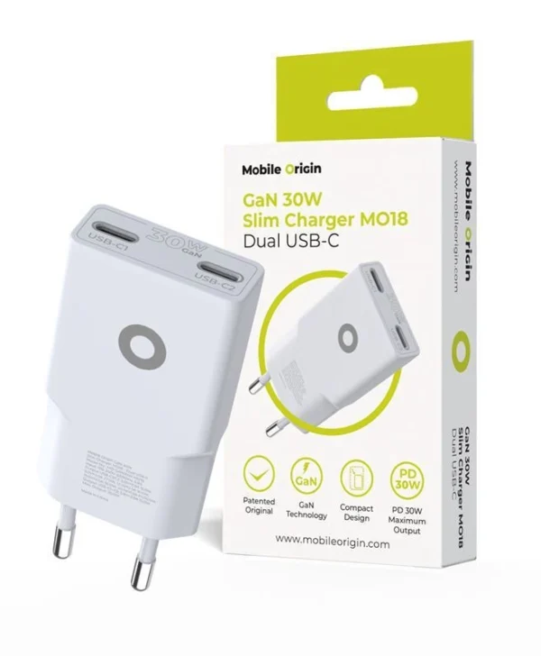 Mobile Origin Φορτιστής Χωρίς Καλώδιο GaN με 2 Θύρες USB-C 30W Power Delivery Λευκός (MO18) MO-GAN30W-MO18