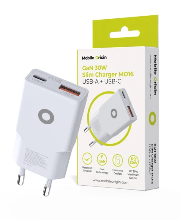 Mobile Origin Φορτιστής Χωρίς Καλώδιο GaN με Θύρα USB-A και Θύρα USB-C 30W Power Delivery Λευκός (MO16) MO-GAN30W-MO16