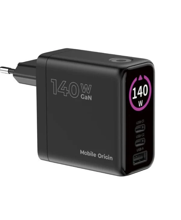 Mobile Origin Φορτιστής GaN με Θύρα USB-A και 2 Θύρες USB-C 140W Power Delivery Μαύρος (PW21) MO-140WDCH-PW21