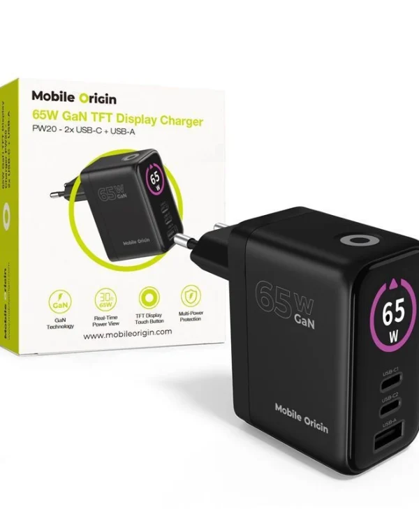 Mobile Origin Φορτιστής Χωρίς Καλώδιο GaN με Θύρα USB-A και 2 Θύρες USB-C 65W Power Delivery Μαύρος MO-65WDCH-PW20