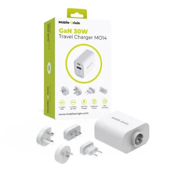 Mobile Origin Φορτιστής Χωρίς Καλώδιο GaN με Θύρα USB-A και Θύρα USB-C 30W Power Delivery Λευκός (MO14 EU,USA,UK,AUS) FRL-TRVL30W-MO14