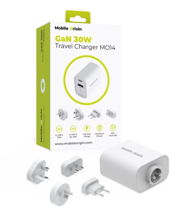 Mobile Origin Φορτιστής Χωρίς Καλώδιο GaN με Θύρα USB-A και Θύρα USB-C 30W Power Delivery Λευκός (MO14 EU,USA,UK,AUS) FRL-TRVL30W-MO14