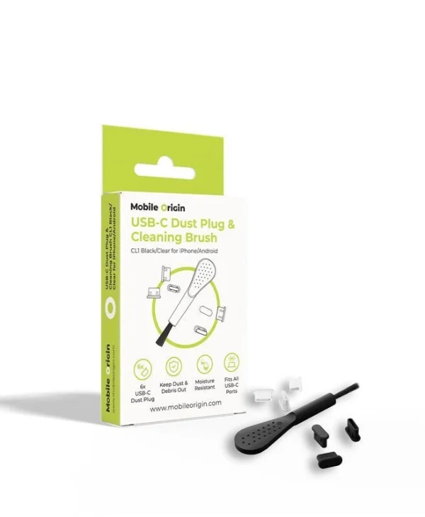 Mobile Origin Usb-c Dust Plug & Cleaning Brush Cl1 Black Clear Iphone Android Mo-cl1-blk-clr MO-CL1-BLK-CLR