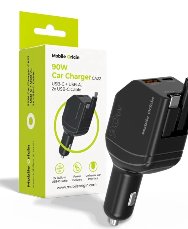 Mobile Origin 90w Car Charger Ca22 Usb-c + Usb-a 2x Usb-c Cable Mo-90cch-ca22 MO-90CCH-CA22