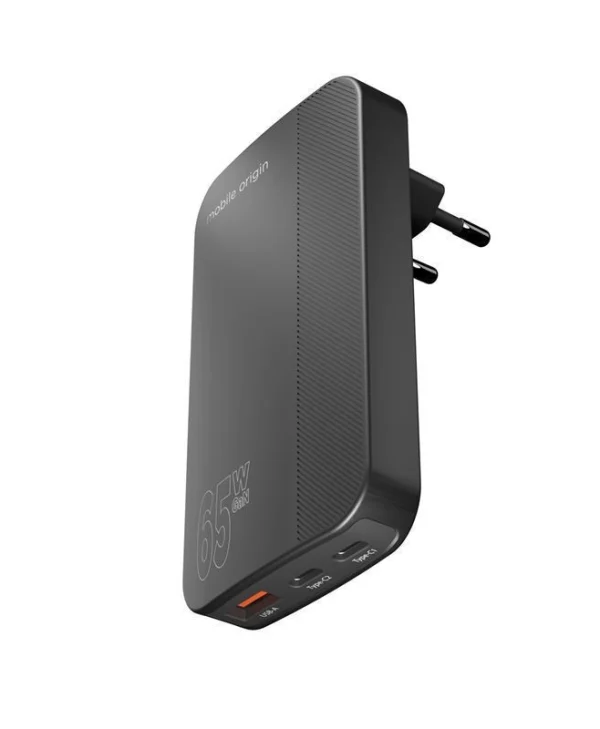 Mobile Origin Φορτιστής Χωρίς Καλώδιο GaN με Θύρα USB-A και 2 Θύρες USB-C 65W Μαύρος GAN-65W-SLM-BLK