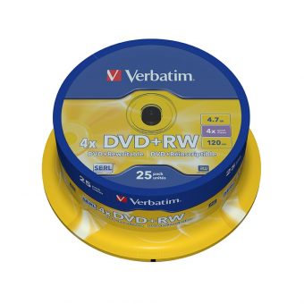 Verbatim DVD+RW 4.7GB 4x Matt Silver Spindle 25 Pack 43489