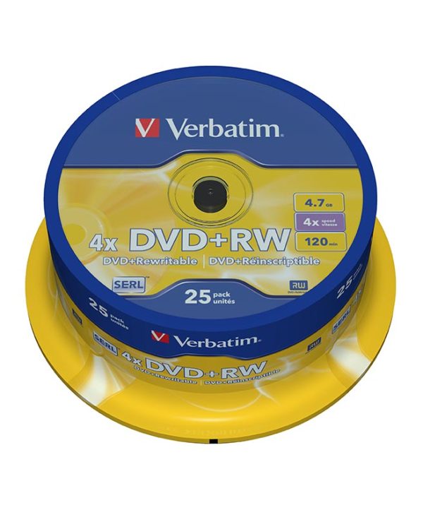 Verbatim DVD+RW 4.7GB 4x Matt Silver Spindle 25 Pack 43489